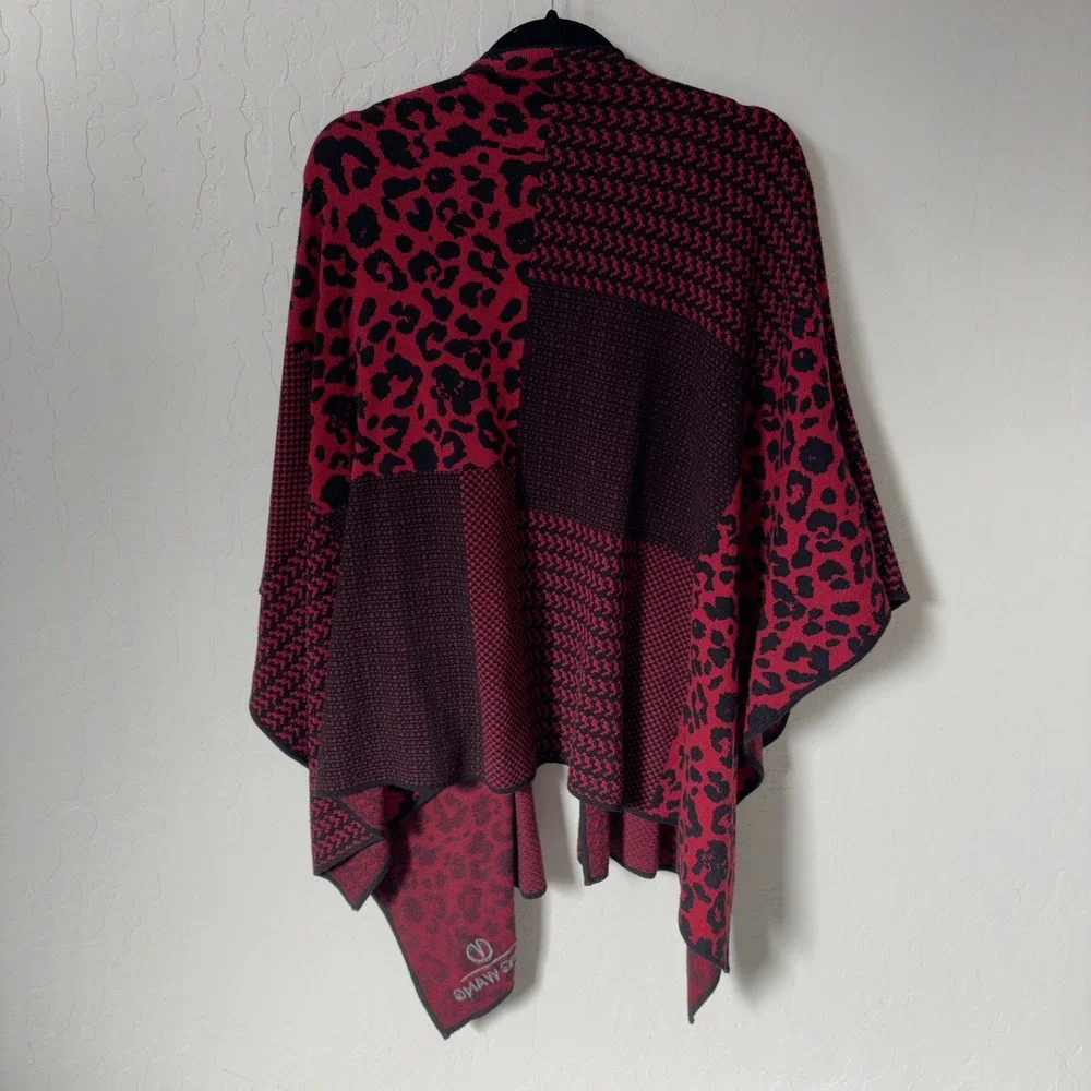 Ming Wang Red Black Leopard Patchwork Knit‎ Wrap Sweater Shawl One Size